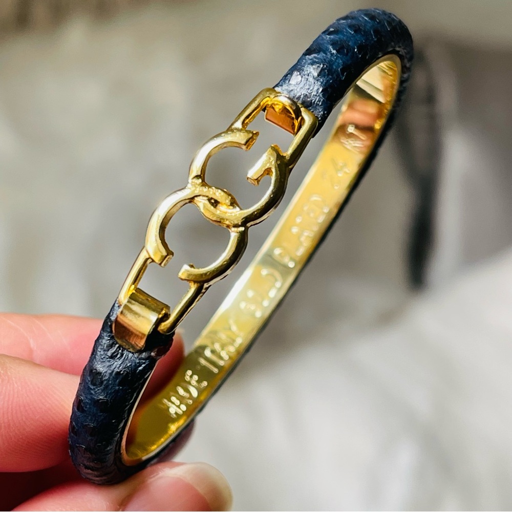 CASINI & GORI |Vintage Black Leather 24k Gold Plated Bangle 16cm | Made In Italy